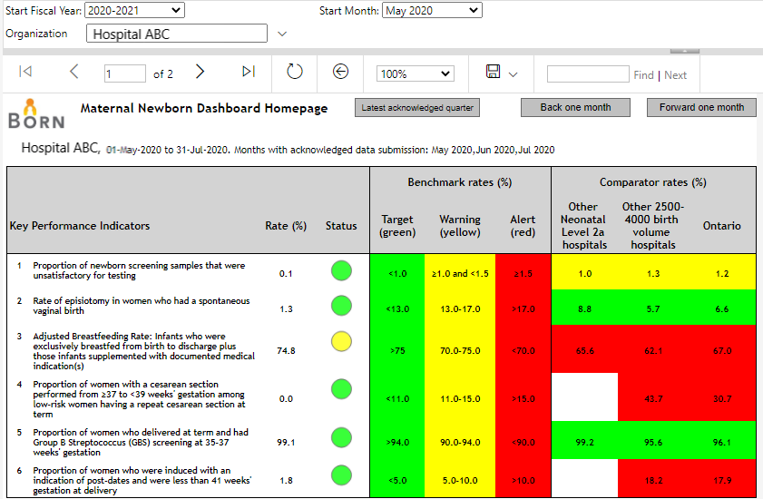 BORN Information System Maternal Newborn Dashboard sample