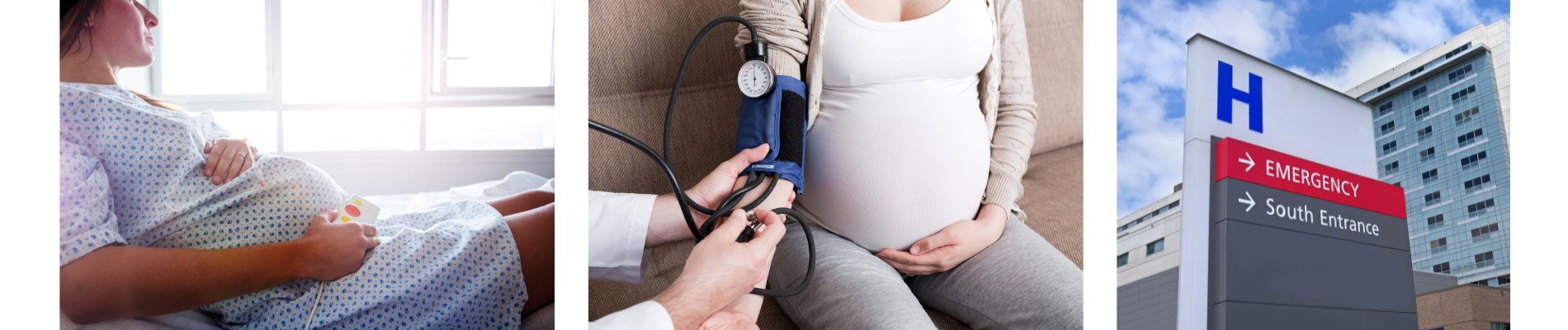 pregnant individual in a hospital gown; pregnant individual having blood pressure taken; hospital emergency sign